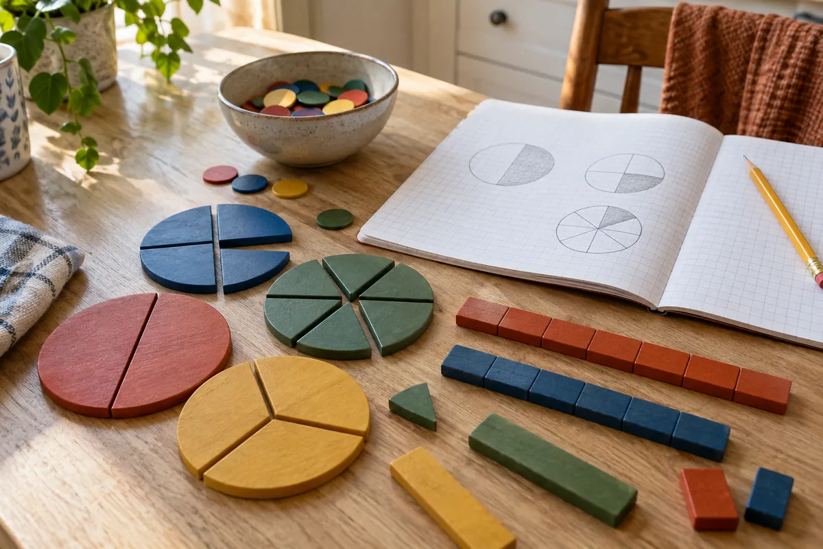 Illustrative wooden fraction circles and counting rods beside a squared notebook