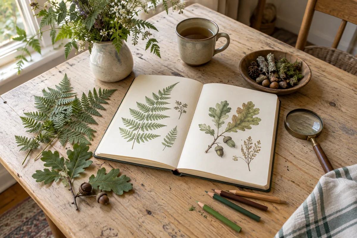 Illustrative nature journal with botanical sketches, leaves, and a magnifying glass on a sunlit table