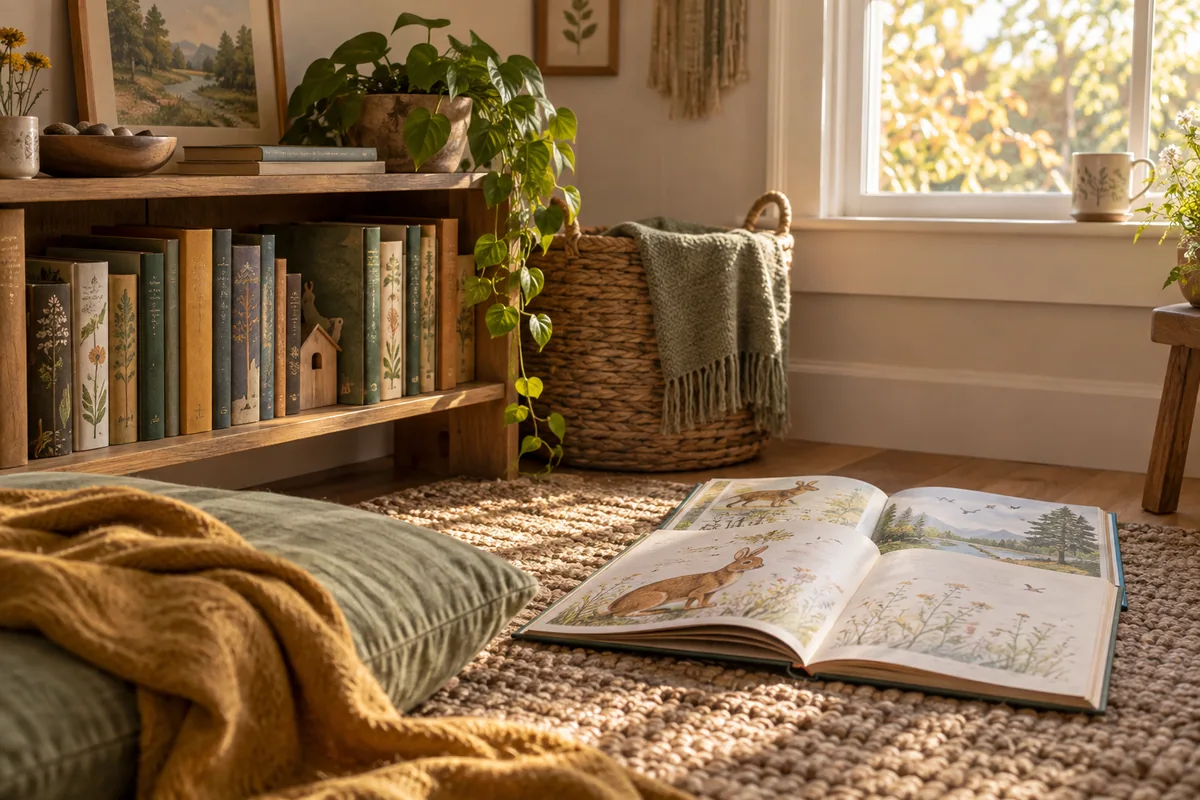 Illustrative cozy home reading corner with clothbound books, a basket, and floor cushions