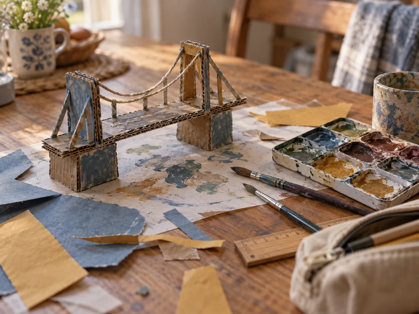 A cardboard bridge in progress beside watercolor paints, brushes, and paper scraps