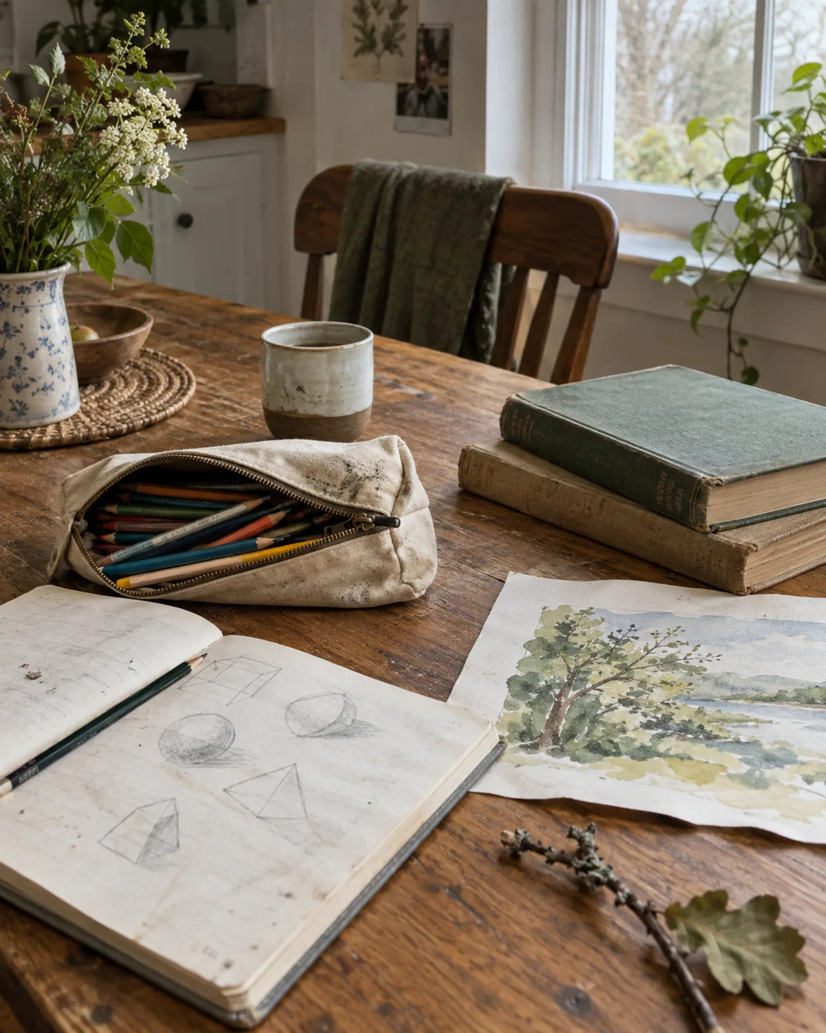 A pencilcase, well-used books, and a watercolor project on a sunlit kitchen table