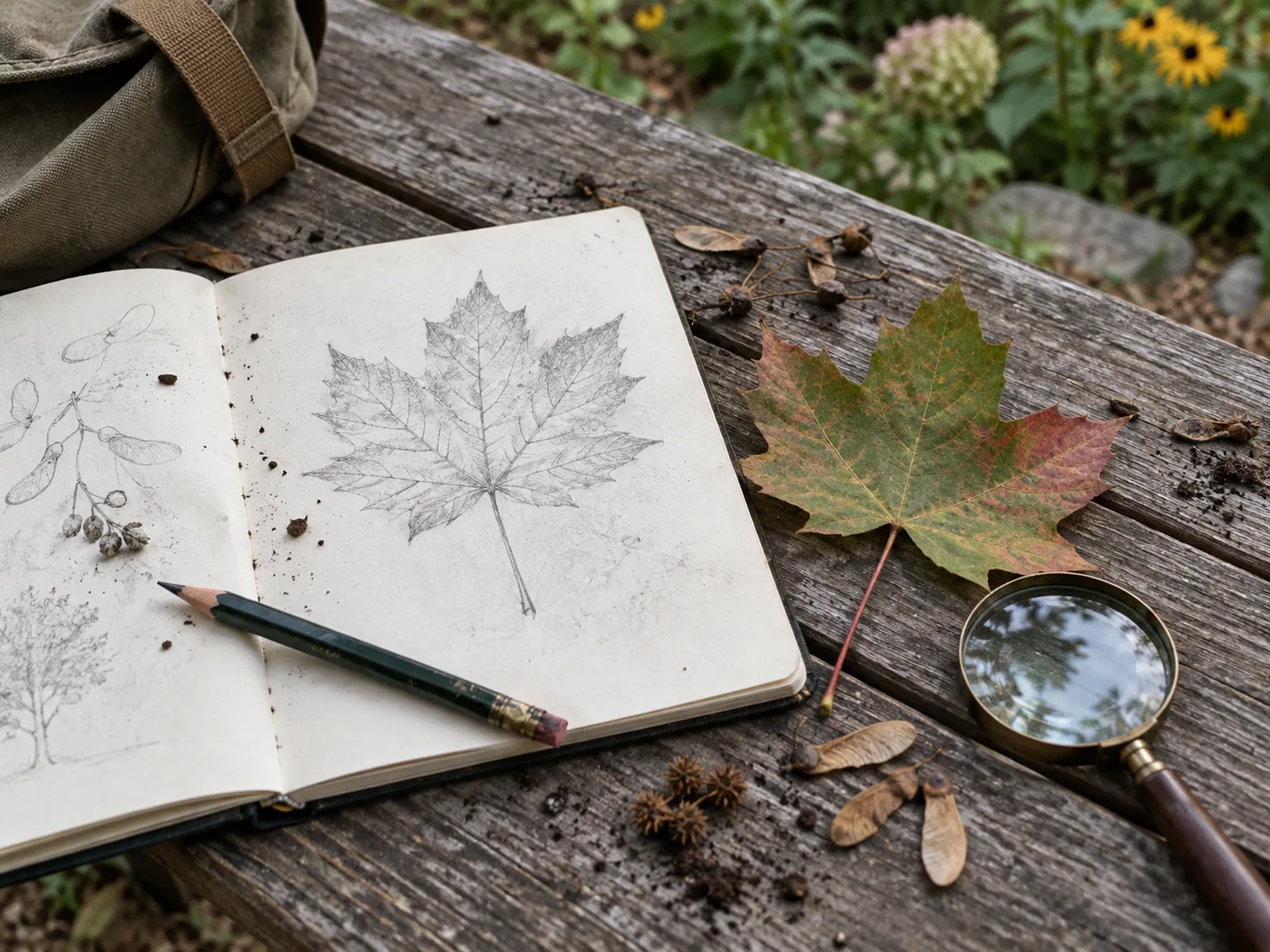 A leaf sketch, collected seed pods, and a magnifying glass on an outdoor table