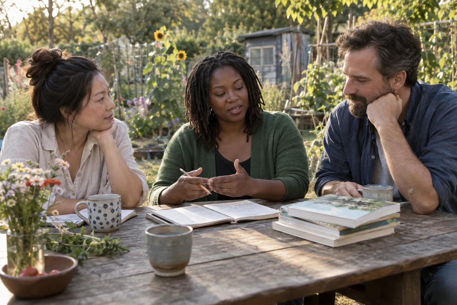 Three adults comparing notes and learning books around a garden table